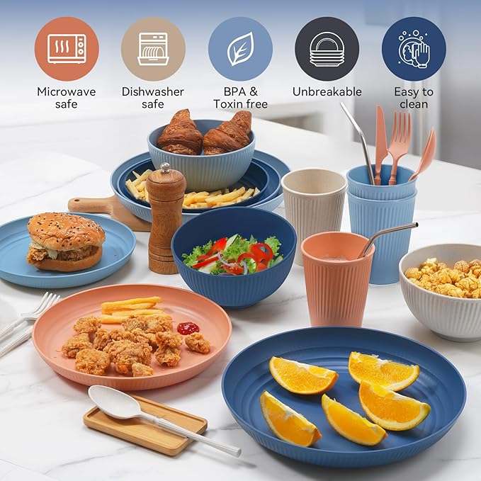 Wheat Straw Dinnerware Sets,48-Piece Plates and Bowls Sets for 6-Unbreakable,Reusable Plastic Dish Set-Dinner Plate/Dessert Plate/Cereal Bowl/Cup/Utensils-Dishwasher Safe 48P-Oecan Coral