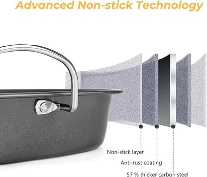 Nonstick Roasting Pan with Rack, 14.5x11.4’’ Baking Pan for Oven with Rack & Silicon Hand Clip, Heavy Duty Dishwasher Safe Rectangular Lasagna Pan with Handle for Turkey Chicken, Dark Grey