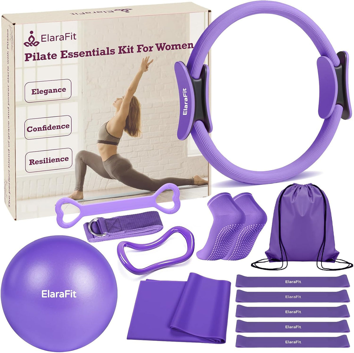 Home Pilates Kit for Women Pilates Equipment Ring and Ball Set Magic Circle Hoop with 5 Resistance Bands Compact Toning Fitness Essentials Starter Set Accessories