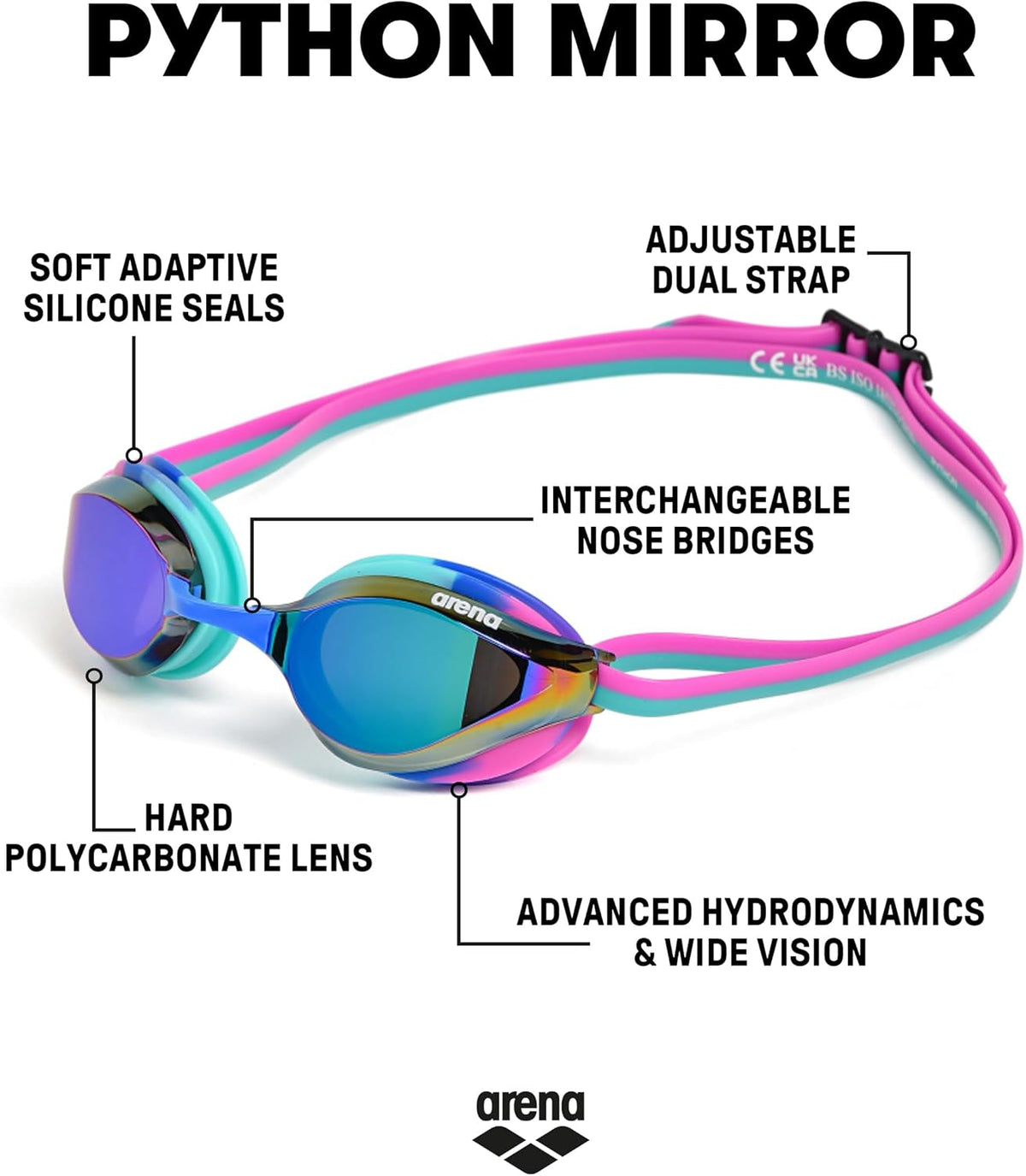 ARENA Unisex Python Racing Swim Goggles for Men and Women Anti-Fog No Leak Max Comfort Dual Strap, Mirror/Non-Mirror Lens