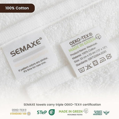 SEMAXE 100% Cotton Washcloths 12-Pack, 13 × 13 Inch Soft Luxury Face Towels – Super Absorbent & Quick-Dry, Premium Cloth with Hanging Loop, Oeko-TEX Certified, Gift-Ready Box
