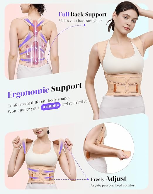 Posture Corrector for Women and Men, Full Back Support Brace, Adjustable Shoulder Straightener, Improving Posture, Relief Upper and Lower Back, Neck Pain, Beige, Large