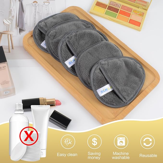SINLAND Reusable Makeup Remover Pads For Face,Eye,Lips Microfiber Gentle Facial Cleansing Cloths for All Skin Types Friendly for Makeup Remover With Laundry Bag 5.1inchx3.93inch Grey Pack of 6