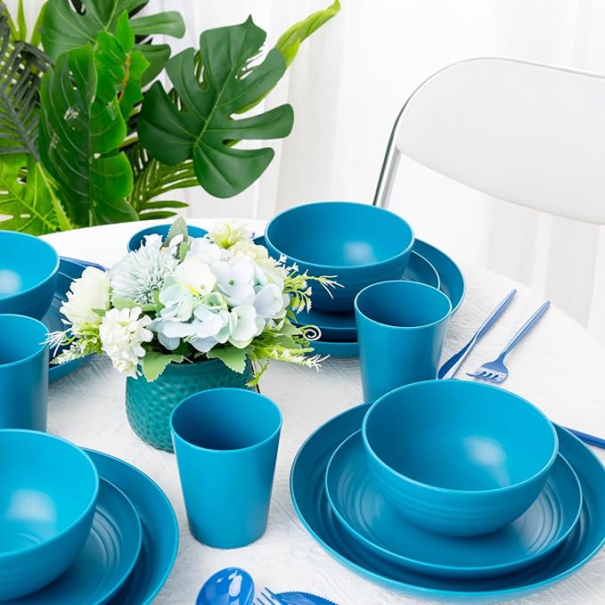 LIYH 48 Pcs Blue Plastic Wheat Straw Dinnerware, Plates and Bowls Set, Camping Dish Set for 12, Dishwasher Safe Dinnerware Sets, Unbreakable Plastic, Camper Dish Sets