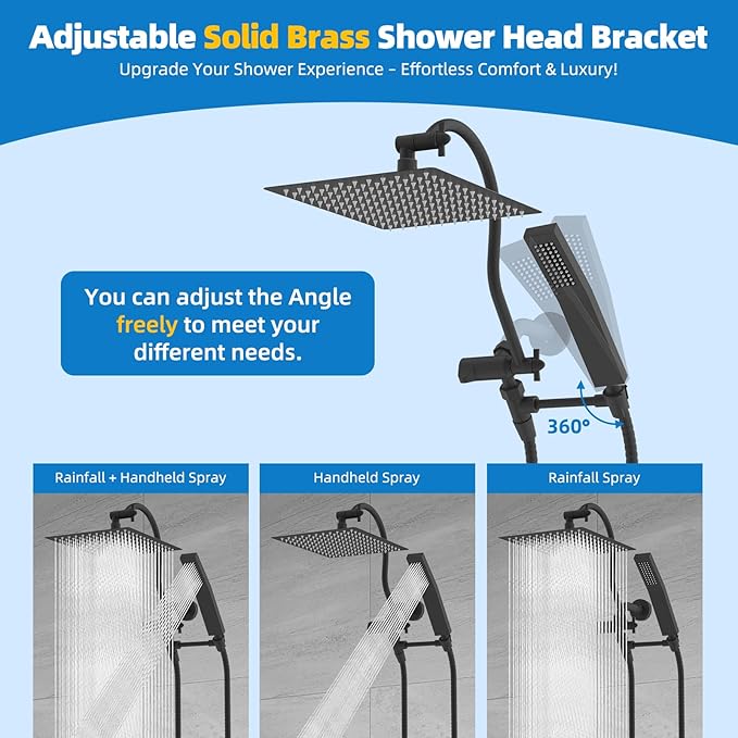 Hibbent All Metal Shower Head, 12'' High Pressure Rainfall Shower Head, Showerhead Combo, Handheld Shower Wand, 12'' Adjustable Curved Shower Extension Arm, 71'' Hose, Shower Head Holder, Matte Black