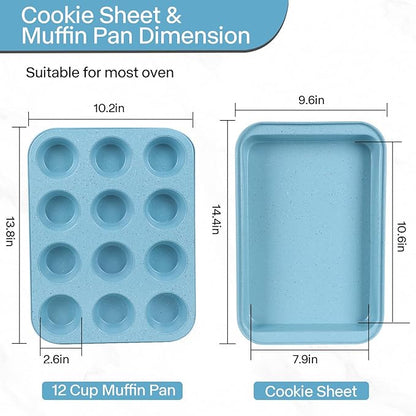 Baking Pans Set Non Stick, Bakeware Sets Stackable, Oven Safe, Steel Baking Set Supplies for Home Baking, Roasting, Easy to Release, Sturdy Bake Gifts for Holiday, Blue, 6 Pieces