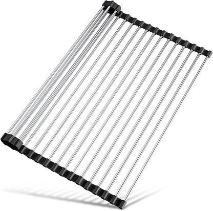 Tomorotec 21" x 15.5" Roll Up Dish Drying Rack Over Sink Drying Rack Sink Cover Kitchen Sink Accessories Gadget Multipurpose Organizer Foldable Stainless Steel Drainer