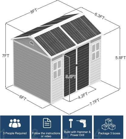 Resin Storage Shed with Floor 8x6x7 FT Outdoor Waterproof Wider Door Plastic Sheds Kit for Backyard Garden Patio Lawn Tools, Gray