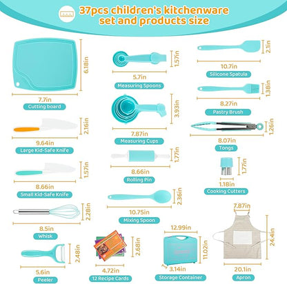 Kids Cooking Sets Baking Set with Storage Container 37 Piece Real Cooking Supplies with Cooking Utensils Cookbook Knives Apron for Girls Boys