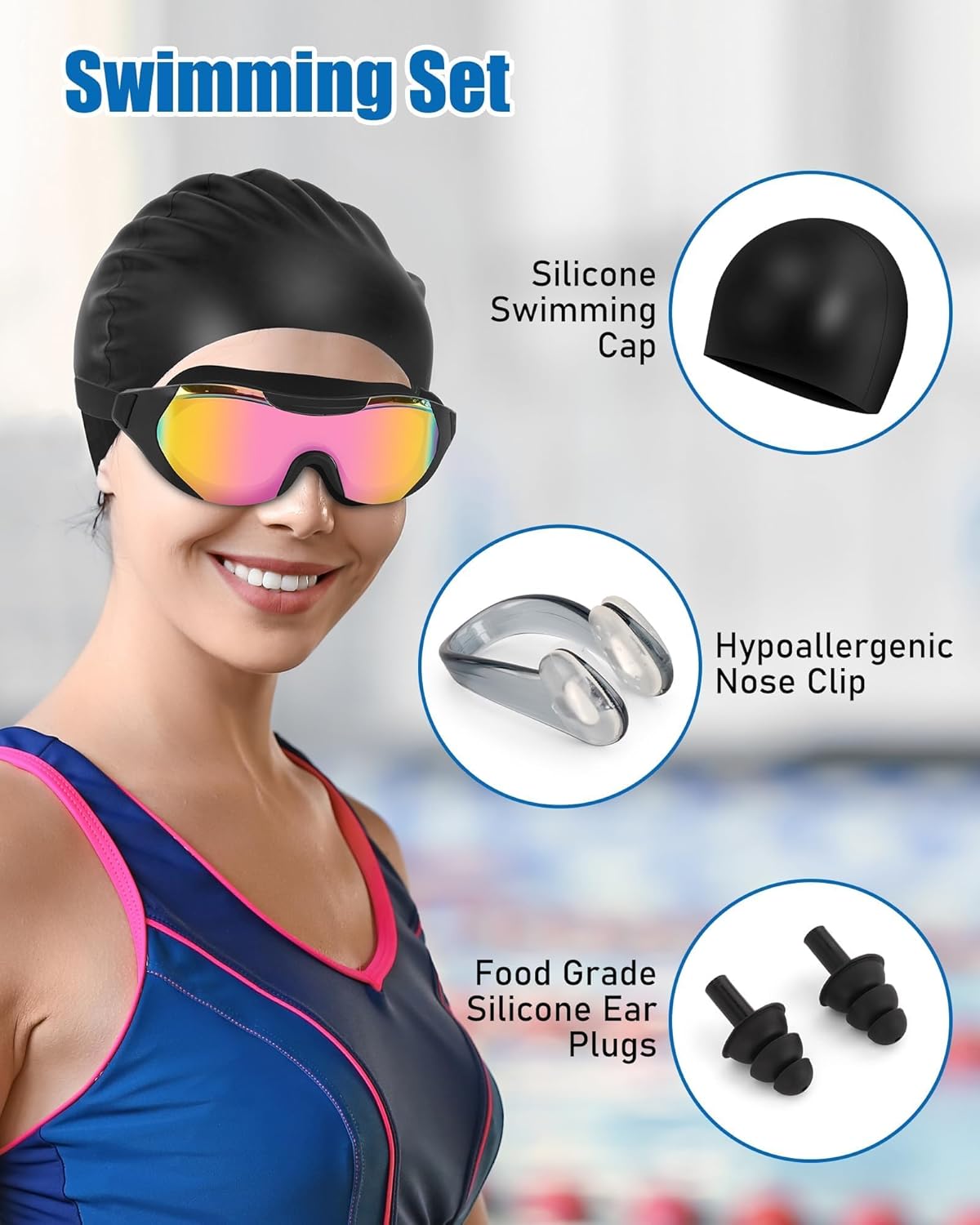 Swim Goggles with Nose Clip, Ear Plugs & Swim Cap, Anti-Fog UV Protection Lens, Leakproof Adjustable Strap for Adult