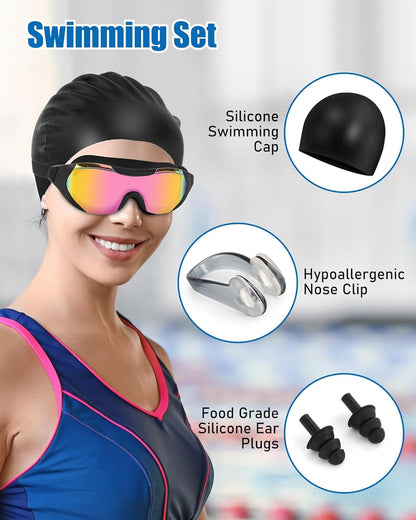 Swim Goggles with Nose Clip, Ear Plugs & Swim Cap, Anti-Fog UV Protection Lens, Leakproof Adjustable Strap for Adult
