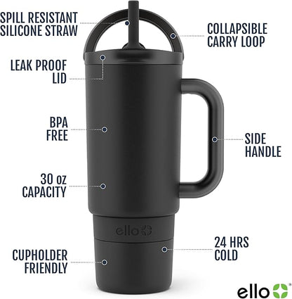 Ello Port 30oz Tumbler with Carry Loop & Integrated Handle | Vacuum Insulated Stainless Steel Reusable Water Bottle Travel Mug | Leak Proof Lid | Flexible Straw | BPA-Free | Dishwasher Safe | Black