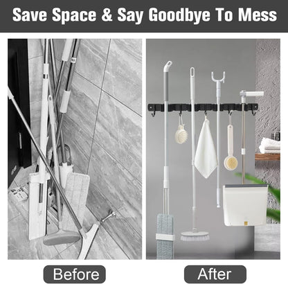 2 Pack Mop and Broom Holder Wall Mount 4 Racks and 5 Hooks Broom Organizer Storage Tool Racks Stainless Steel Heavy Duty Hooks for Home Kitchen Garden Laundry Garage
