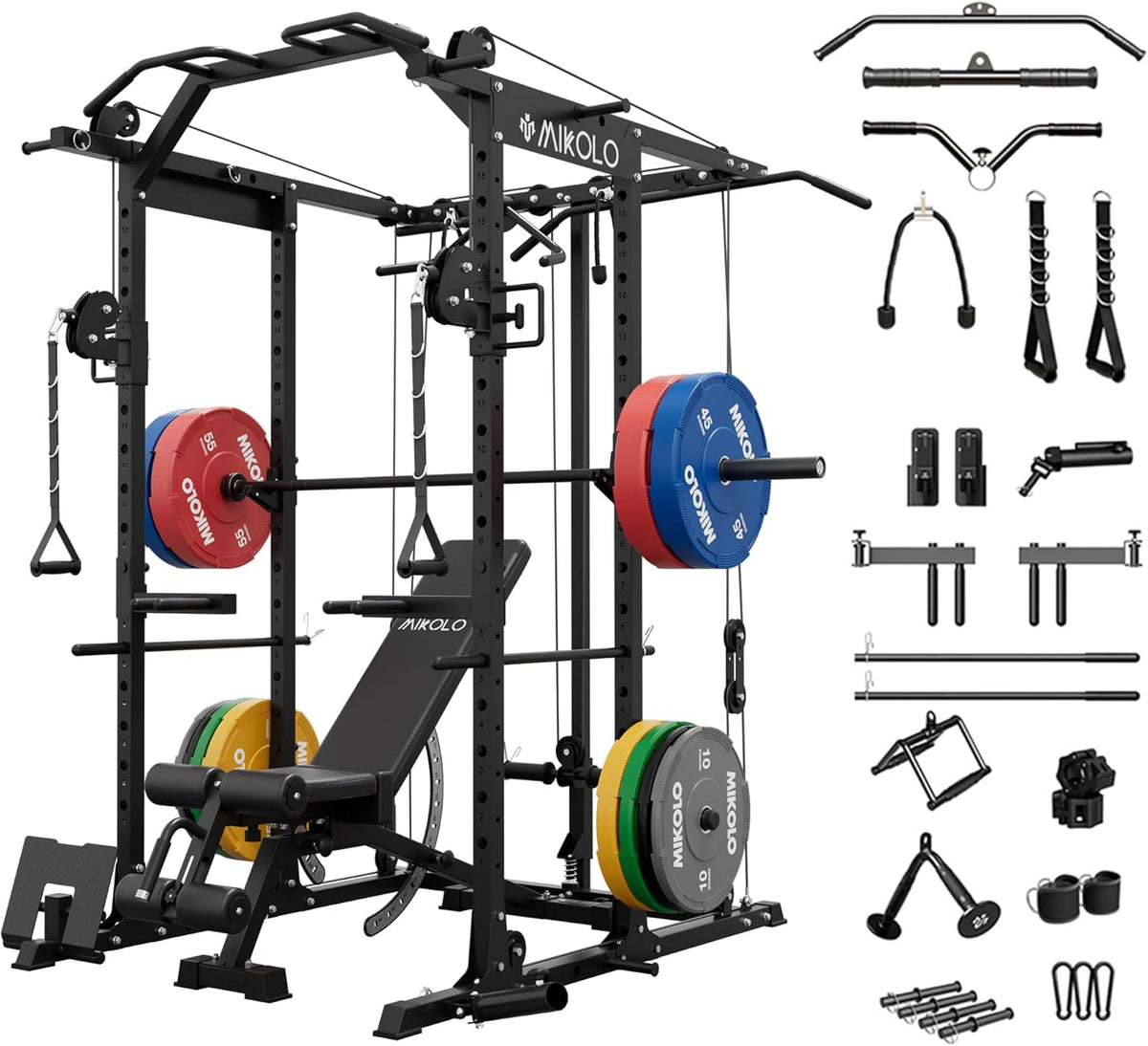 Mikolo Power Cage, Power Rack with Cable Crossover System, 1500LBS Squat Rack with LAT Pull Down System, Workout Cage with Pulley System for Fitness Home Gym