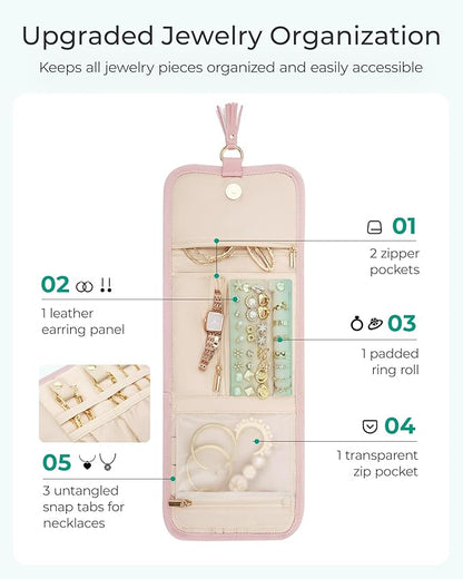 BAGSMART Travel Jewelry Case Organizer, Roll Foldable Jewelry Case for Journey-Rings, Necklaces, Earrings, Bracelets, Brooches, Min, Black