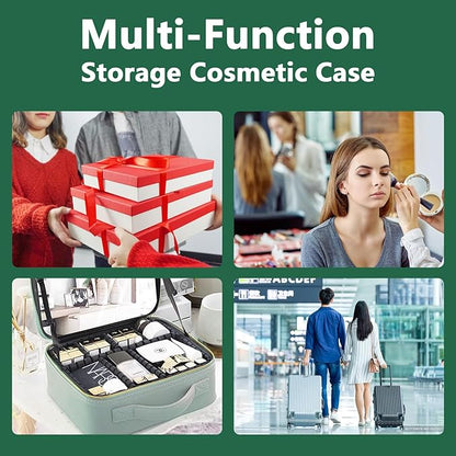 Travel Makeup Bag,with Mirror 3 Color Setting and Detachable 10x Magnifying Mirror Travel Makeup Bag,Portable Storage and Adjustable Dividers（Dark green）