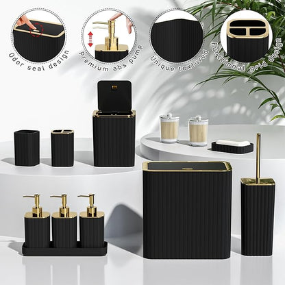 Bathroom Accessory Set - Bathroom Set, 12PC Bathroom Accessories Set, Black Bathroom Accessories Set, Mini Trash Can, Toilet Brush, Trash Can & Soap Dispenser
