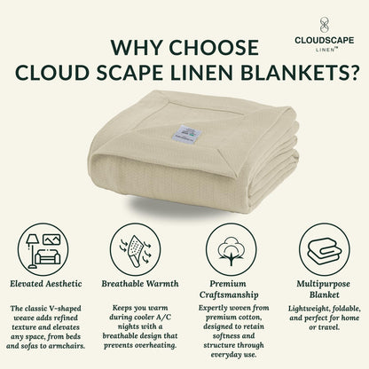Cloud Scape Linen 100% Cotton Blanket King Size for Bed – Lightweight Summer Blanket, Herringbone Weave,fits California King Size Bed, 92x108,Beige Fog