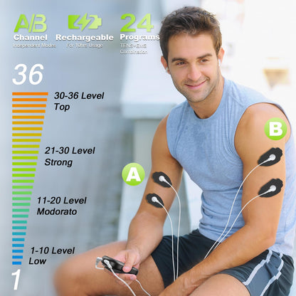 Dual Channel TENS EMS Unit 24 Modes 36 Levels, Upgraded Large Screen Intensity Muscle Stimulator for Back Neck Shoulder Pain Relief, Rechargeable Electric Pulse Massager TENS Machine with 10 Pads