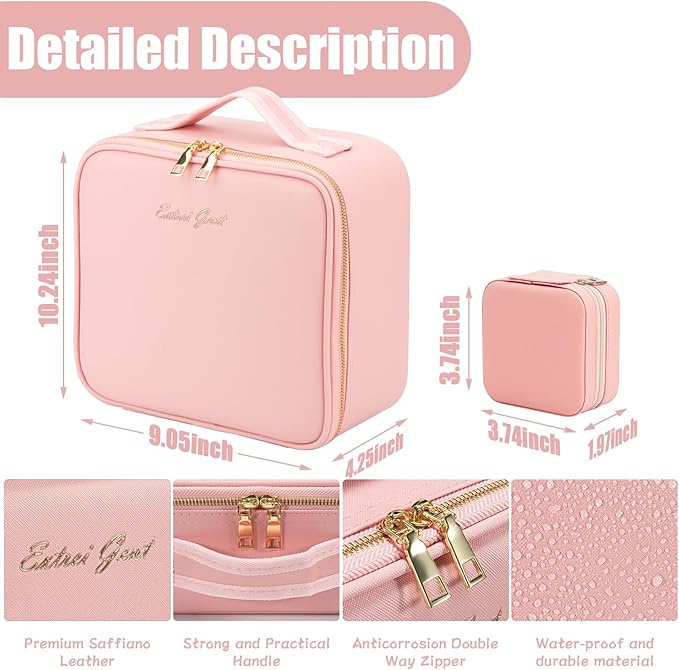 Makeup Travel Train Case with Mirror LED Light 3 Adjustable Brightness Large Cosmetic Bag Portable Storage Adjustable Partition Waterproof Makeup Brushes Make up Jewelry Gift for Women