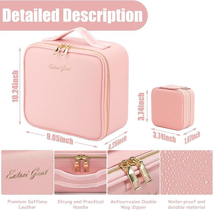 Makeup Travel Train Case with Mirror LED Light 3 Adjustable Brightness Large Cosmetic Bag Portable Storage Adjustable Partition Waterproof Makeup Brushes Make up Jewelry Gift for Women