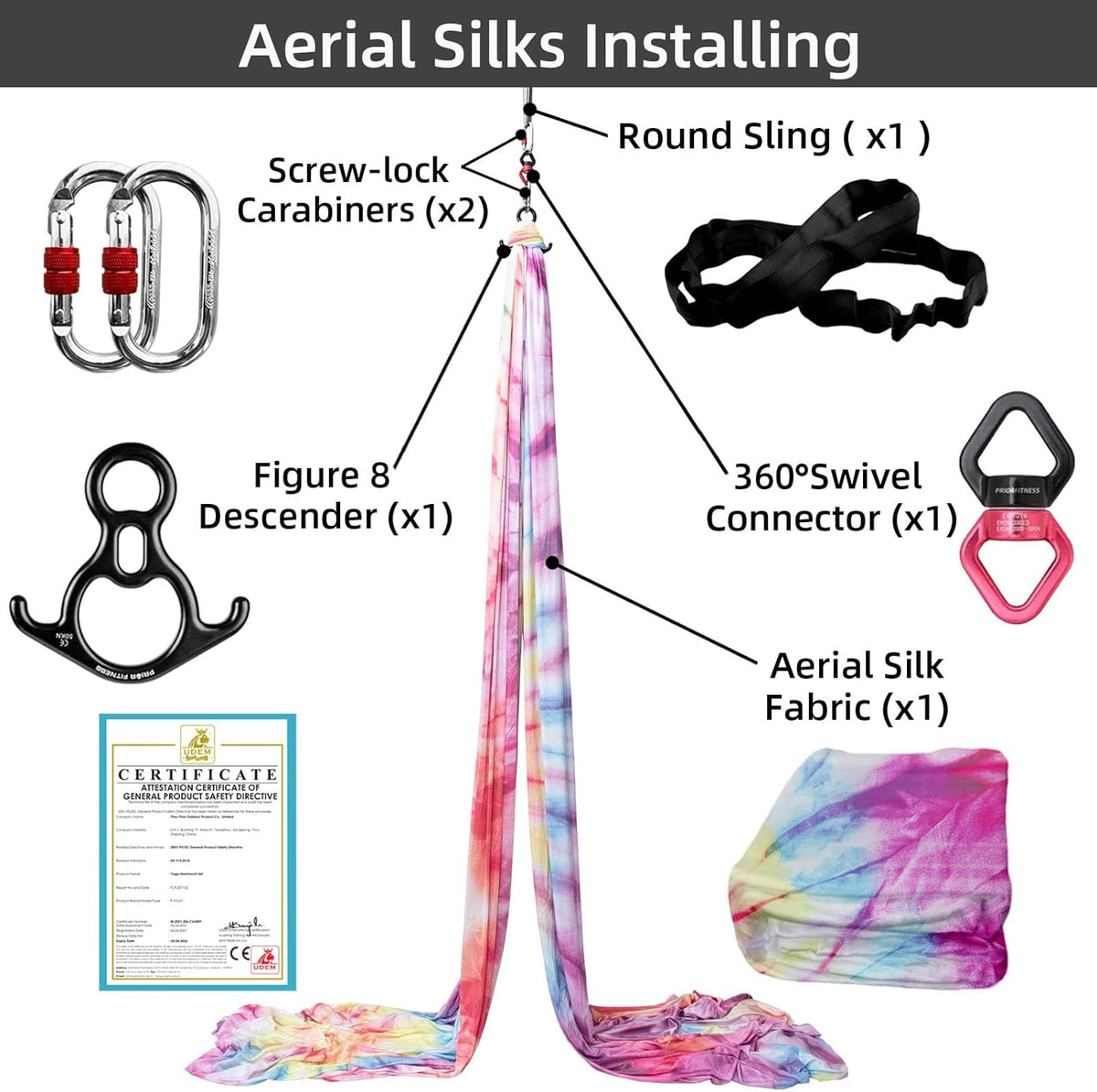 PRIOR FITNESS Aerial Silks Kit Colorful 9/15/20 Yards 40D Nylon Fabric Hammock Set With Hardware & Guide for All Levels Of Aerial Yoga Practice and Acrobatic Flying For Adults Aerial silk