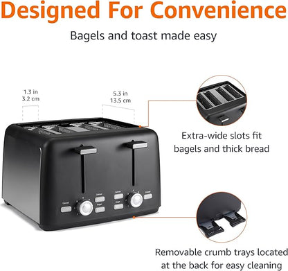 Amazon Basics 4 Slice Toaster, With 7 Browning Settings, Extra Wide Slots For Bagels and Special Breads, Removable Easy-to-Clean Crumb Trays, Cancel/Defrost/Bagel Buttons, 1500W, Black & Silver