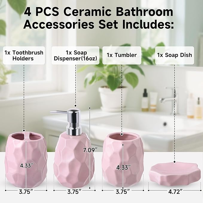 Ceramic Bathroom Accessories Set 4 PCS,Bathroom Toothbrush Holder Set,Soap and Toothbrush Holder Set,Include Toothbrush Holder,Soap Dispenser,Tumbler,Soap Dish,Bathroom Sets Decor Organizer (Pink)