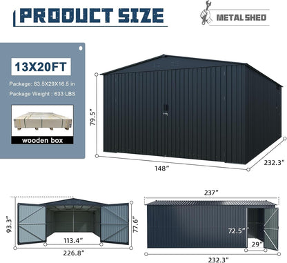 LANTRO JS 13x20ft Outdoor Storage Shed, Metal Storage Shed, Heavy Duty Large Metal Garage Shed with 2 Doors and 4 Vents