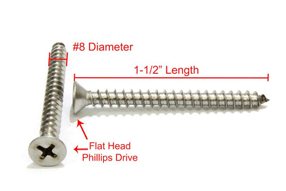 Bolt Dropper #8 X 1-1/2'' Stainless Steel Flat Head Phillips Wood Screw, (100 pc), 18-8 (304) Stainless Steel Sheet Metal Screws - Type A Point, Plain Finish