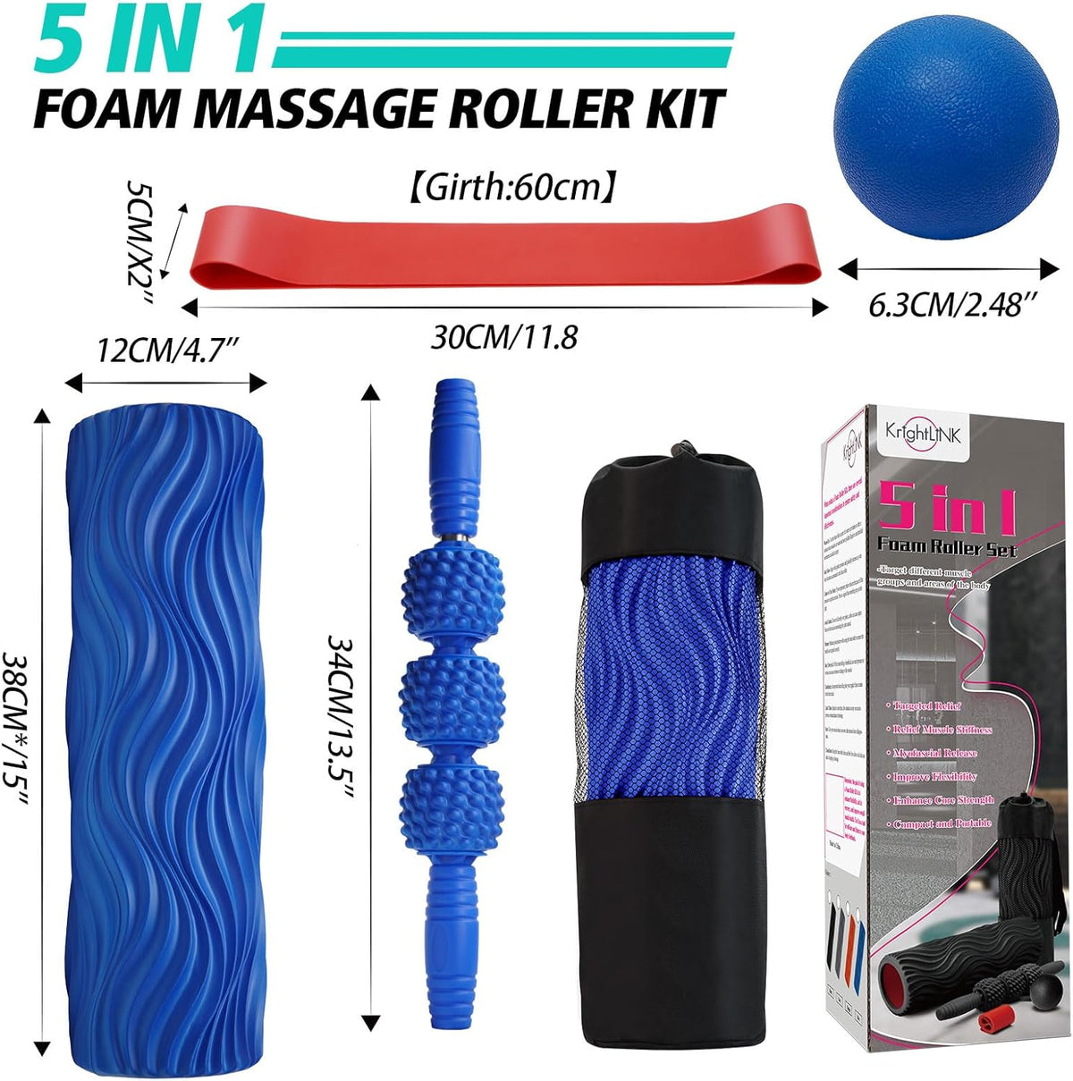 5-in-1 Foam Roller Set, Massage Roller Stick, Massage Ball, Resistance Band for Deep Muscle Massage, Trigger Point Release, Pilates, Yoga (Blue-Wave)
