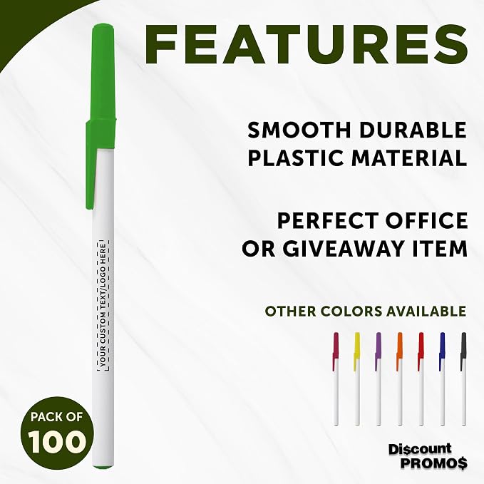 DISCOUNT PROMOS Custom Value Stick Pens Set of 100, Personalized Bulk Pack - Blue Ink, Great for Office, School, Business, Tradeshows, Events - Green Cap
