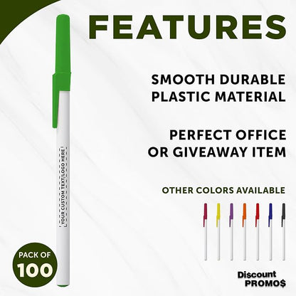 DISCOUNT PROMOS Custom Value Stick Pens Set of 100, Personalized Bulk Pack - Blue Ink, Great for Office, School, Business, Tradeshows, Events - Green Cap