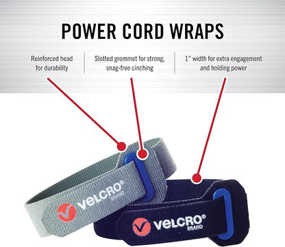 VELCRO Brand Power Cord Wraps | Heavy Duty Straps for Extension Cords, Garage or RV Organization | Slotted Grommet for Strong Snag Free Cinching | 16 Inch, 2Pk, Black and Gray