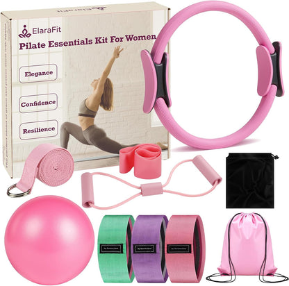 Home Pilates Kit for Women Pilates Equipment Ring and Ball Set Magic Circle Hoop with 5 Resistance Bands Compact Toning Fitness Essentials Starter Set Accessories