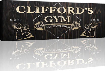 Tailored Canvases Personalized Gym Sign Wall Art Decor - Motivational Canvas for Home Gym, Workout Room, Garage, Fitness Center - Workout Inspirational Posters - Gym Name on Wooden Background, 36x12in