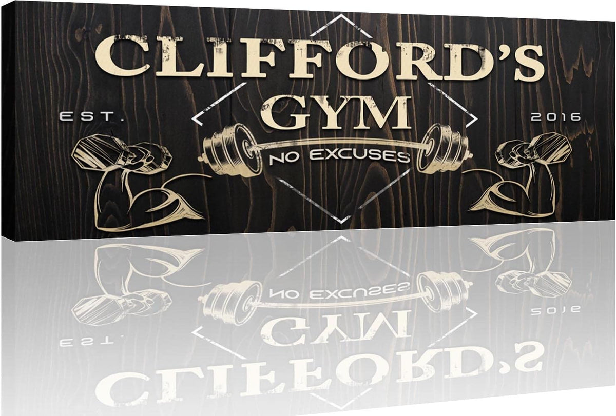 Tailored Canvases Personalized Gym Sign Wall Art Decor - Motivational Canvas for Home Gym, Workout Room, Garage, Fitness Center - Workout Inspirational Posters - Gym Name on Wooden Background, 48x16in