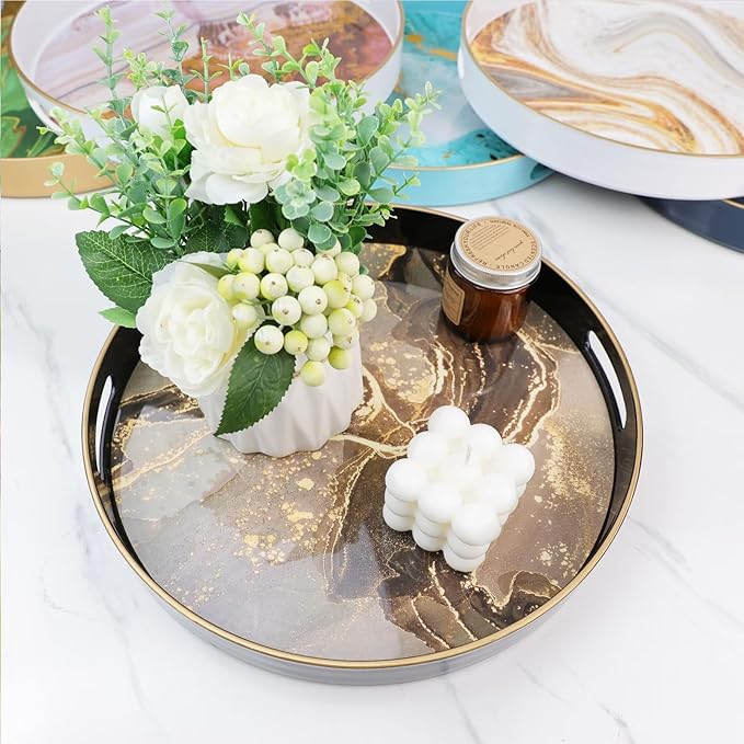 Round Black Marbling Decorative Tray with Handles, 13" Morden Plastic Serving Tray for Coffee Table Bathroom, Ottoman, Home Decor