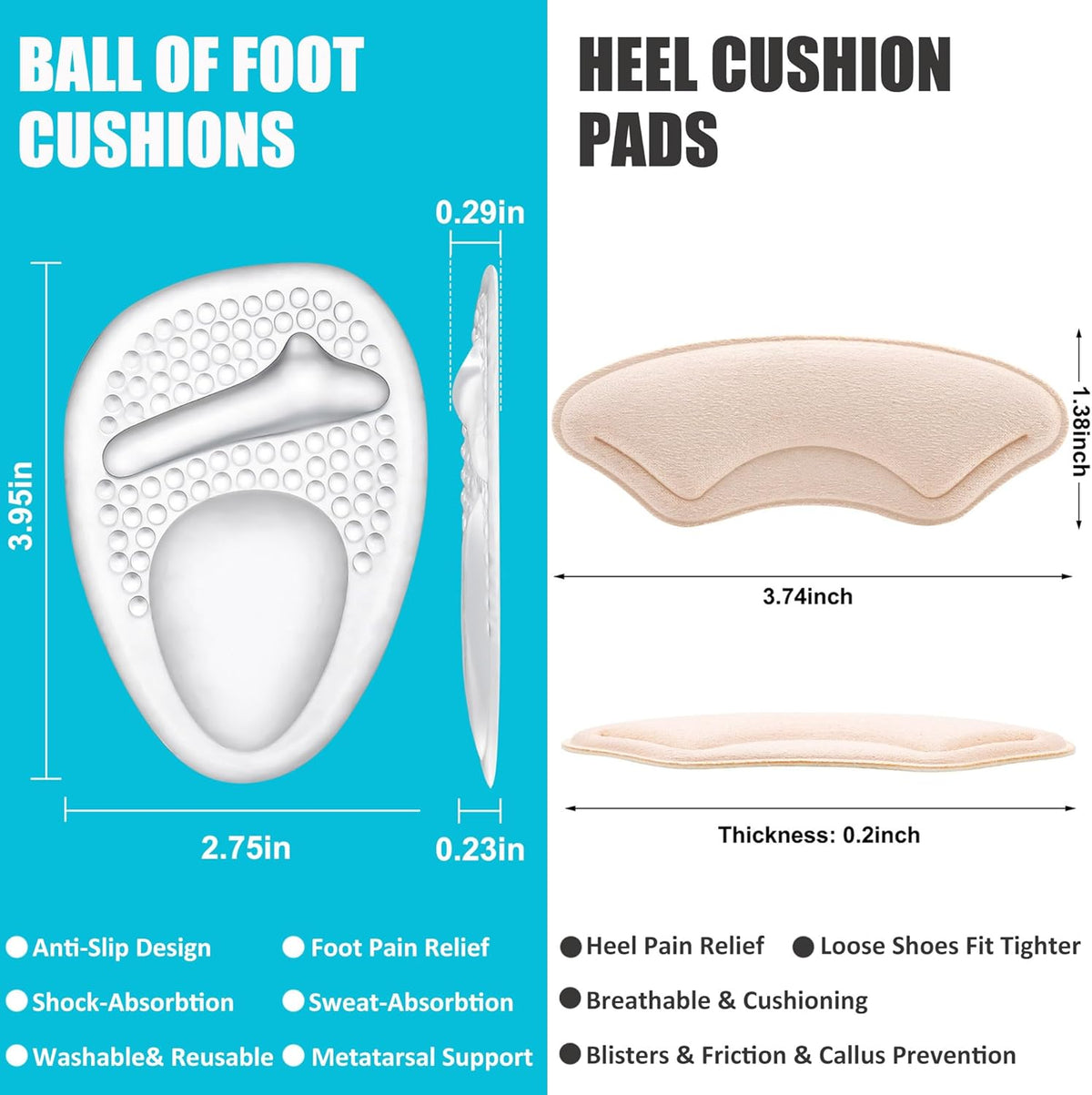 Heel Cushion Pads,Ball of Foot Cushions,Metatarsal Pads for Women, Heel Grips Liners for Heel Pain Relief, Blisters,Friction, Non-Slip Shoe Inserts for Loose Shoes Make Shoes Fit Tighter (4Pairs)