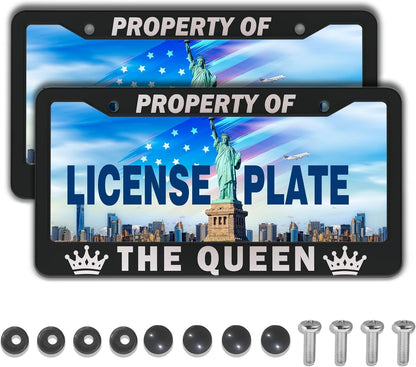 License Plate Frame Black and White License Plate Holder Property of The Queen Universal Aluminum Car Accessory 2 Pack with Screw Covers Set