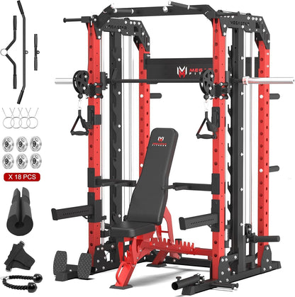 Smith Machine Home Gym with Aluminum Pulley Set- 2000lbs Capacity All-in-One Power Rack with Cable Crossover, Pull-Up Bar & Dip Station, Includes 18 Attachments, P107 Anvil
