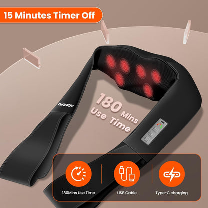 AMZPONY® Cordless Neck Massager for Pain Relief Deep Tissue, Rechargeable Shiatsu Neck and Back Massager Portable Kneading Shoulder Massage for Body Muscle Pain Relief,Gifts for Dad Mom Friends