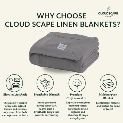 Cloud Scape Linen 100% Cotton Blanket King Size for Bed – Lightweight Summer Blanket, Herringbone Weave,fits California King Size Bed, 92x108,Dark Grey