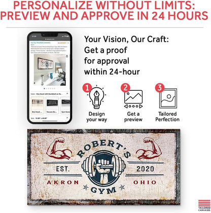 Tailored Canvases Personalized Gym Sign Wall Art Decor - Motivational Canvas for Home Gym, Workout Room, Garage, Fitness Center - Workout Inspirational Posters - One Hand with Dumbbell on Rustic, 60x30in