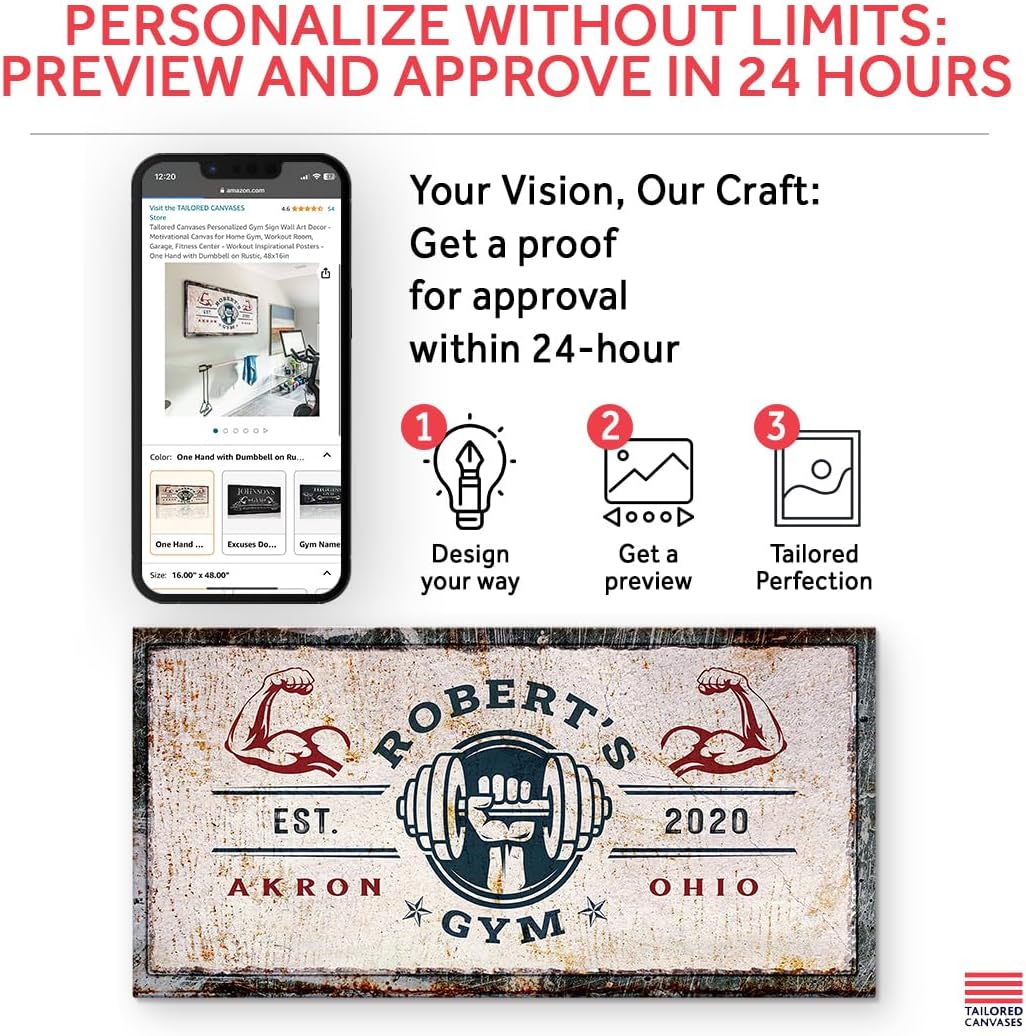 Tailored Canvases Personalized Gym Sign Wall Art Decor - Motivational Canvas for Home Gym, Workout Room, Garage, Fitness Center - Workout Inspirational Posters - One Hand with Dumbbell on Rustic, 48x24in