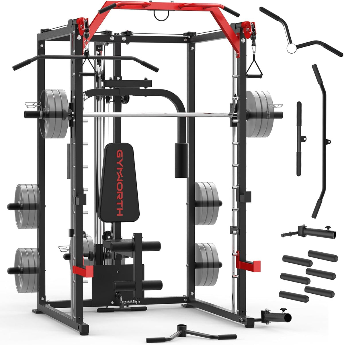 Smith Machine, Power Rack with LAT Pulldown System, Power Cage with Cable System, Squat Rack for Home Gym with Chest Press Machine, Spotter Arms, Leg Curl Attachment and More