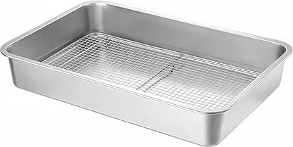 Stainless Steel Sturdy Roasting Pan with Cooling Rack – Oven, Toaster & Grill Safe, Deep Edge, Smooth Finish, Dishwasher Safe – Perfect for Turkey, Chicken, BBQ (19.5x13.6x2.8in)