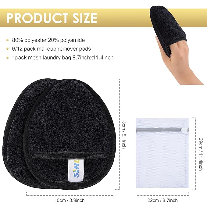 SINLAND Reusable Makeup Remover Pads For Face,Eye,Lips Microfiber Gentle Facial Cleansing Cloths for All Skin Types Friendly for Makeup Remover With Laundry Bag Black Pack of 12