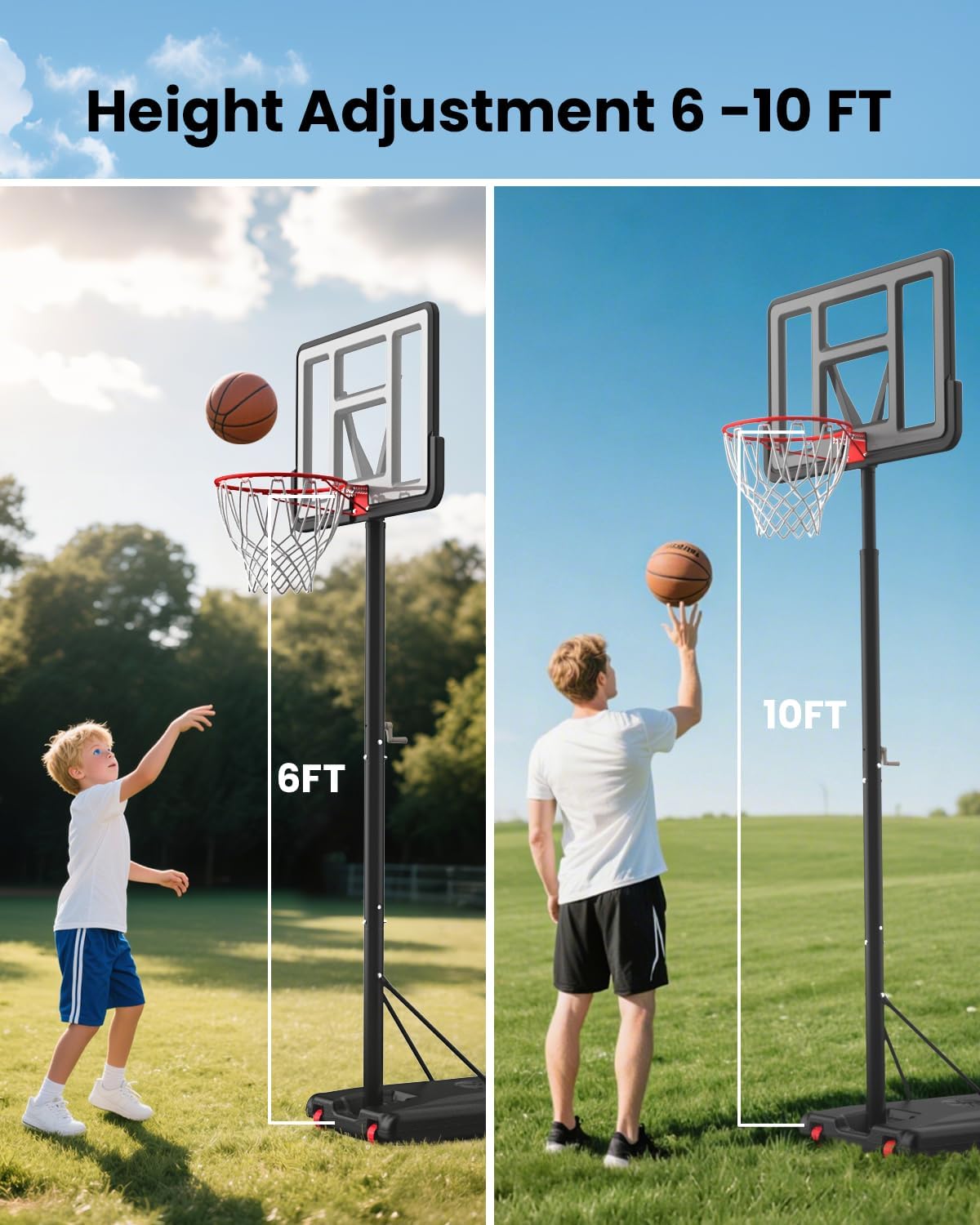 IGL Portable Basketball Hoop, 5.6-10FT Adjustable Basketball Goal System, 44 Inch Outdoor Basketball Hoop & Goals for Kids, Youth, and Adults in The Backyard, Driveway with PC Backboard