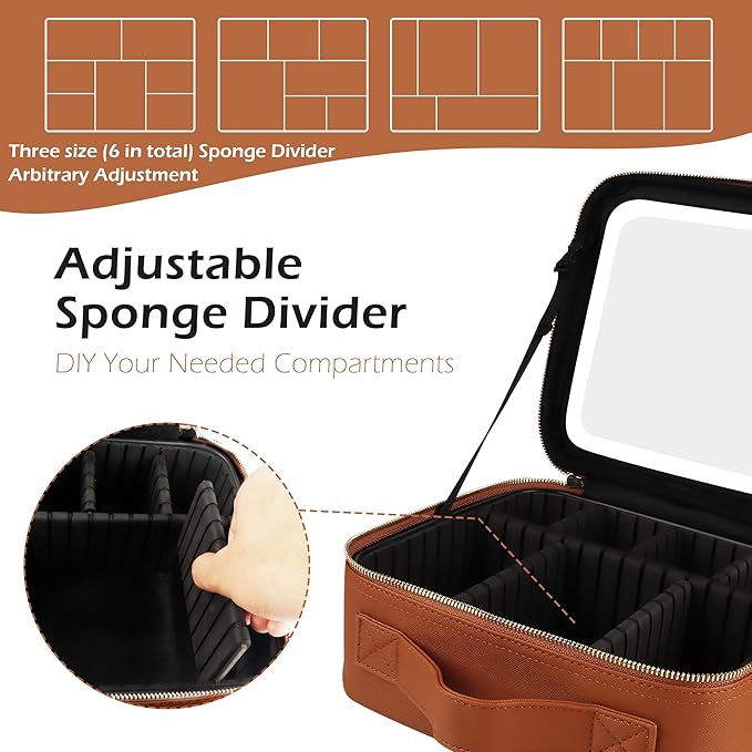 MOMIRA Travel Makeup Bag Cosmetic Bag Makeup Organizer Bag with Lighted Mirror, Adjustable Brightness in 3 Color Scenarios, Waterproof Makeup Train Case, Gift for Women - Tangerine Brown